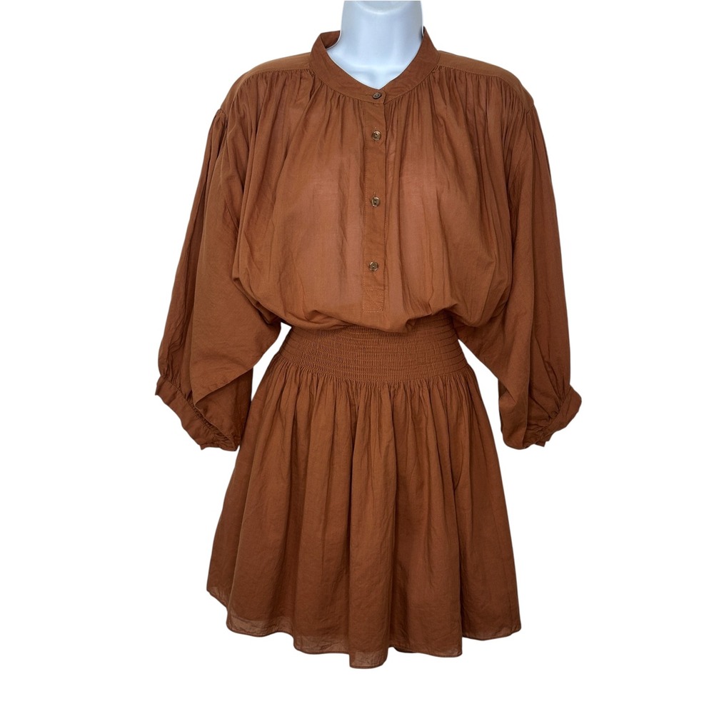 Rebecca Taylor Mini Dress Large Brown Smocked Waist Balloon Sleeve Cotton Boho